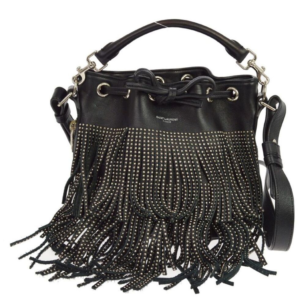 Saint Laurent Fringe Emmanuelle Bucket Studded Leather Black Leather Handbag